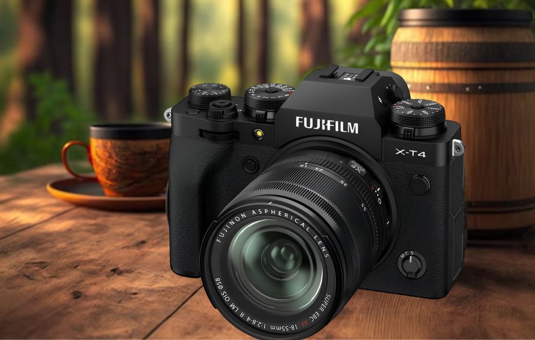 Fujifilm X-T4 in the front of cup and put in table Best Cameras for Photography 